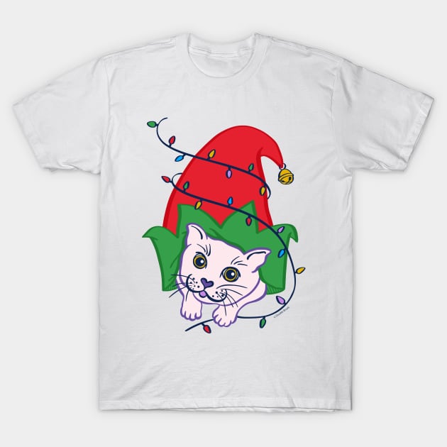 Cute Christmas Cat in Santa's Elf Hat T-Shirt by DoubleBrush